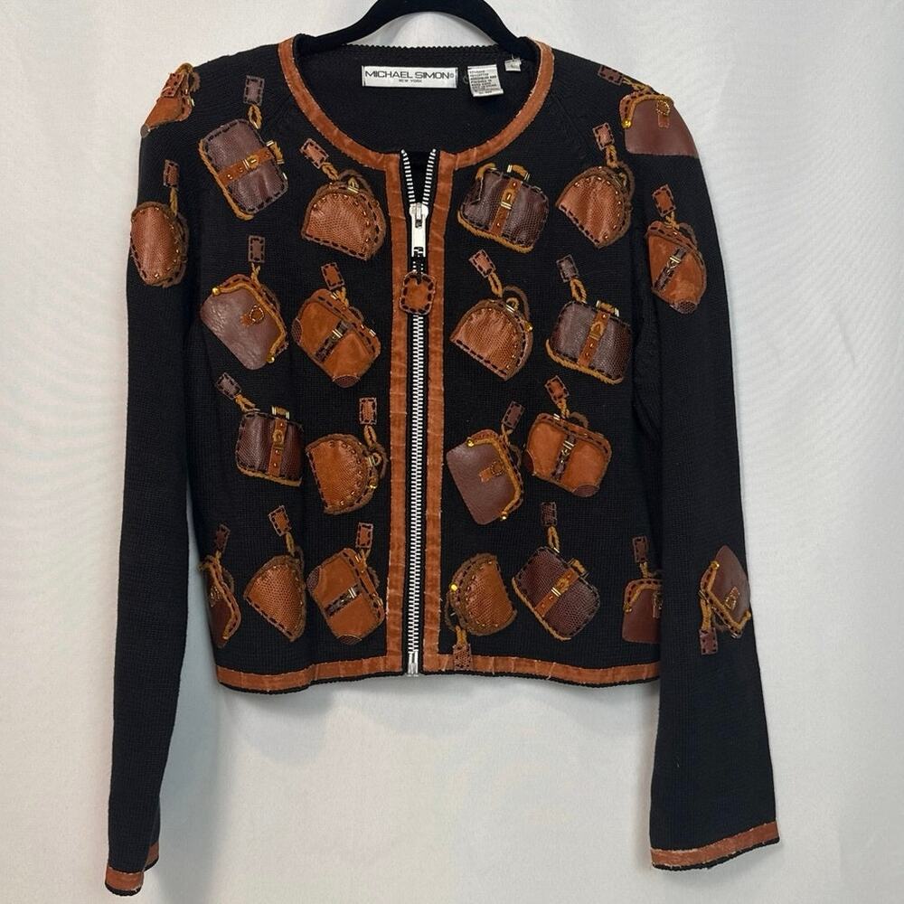 Michael Simon Womens Vintage Purse Applique Zip Cardigan Size L Black Kitsch